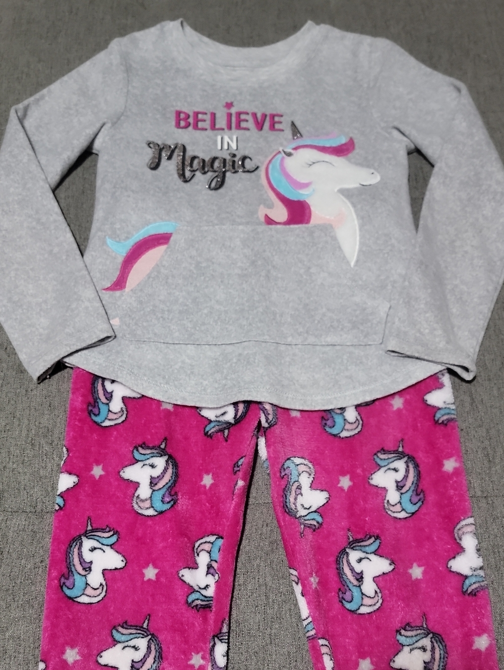 wonder nation Gray Top & Pink Unicorn Print Kids Pajama Set S(6-6X)